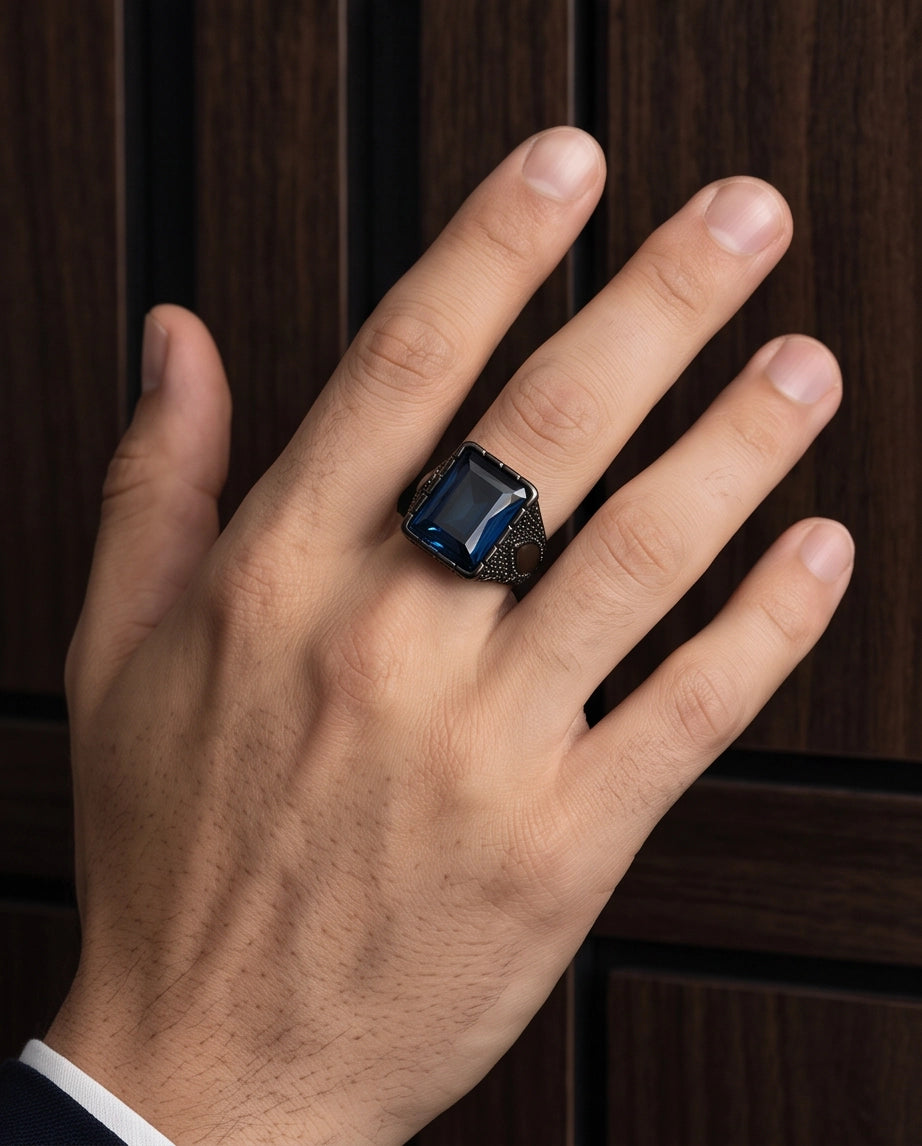 Deep Sapphire Emerald-Cut Gemstone Architectural Filigree Silver Ring