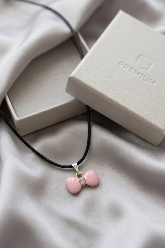 Charming Pink Bowknot Enamel Pendant Necklace with Crystal Center