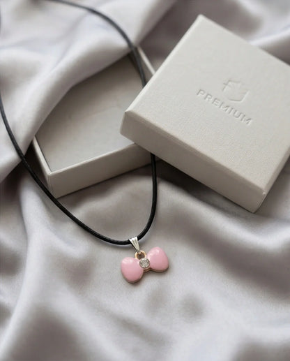 Charming Pink Bowknot Enamel Pendant Necklace with Crystal Center