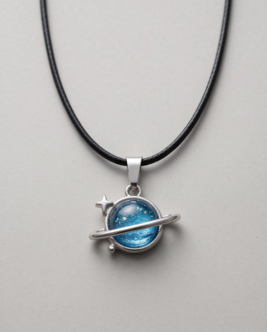 Silver Cosmic Saturn Galaxy Ring Pendant Necklace
