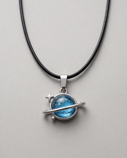 Silver Cosmic Saturn Galaxy Ring Pendant Necklace