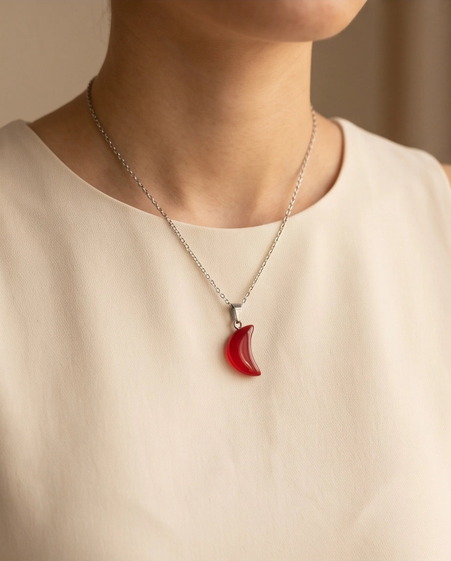 Silver Carnelian Red Crescent Moon Pendant Necklace