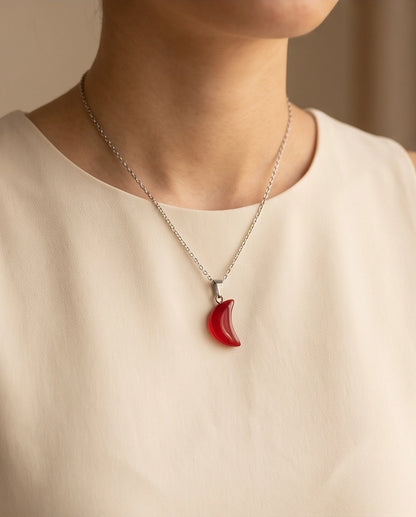Silver Carnelian Red Crescent Moon Pendant Necklace