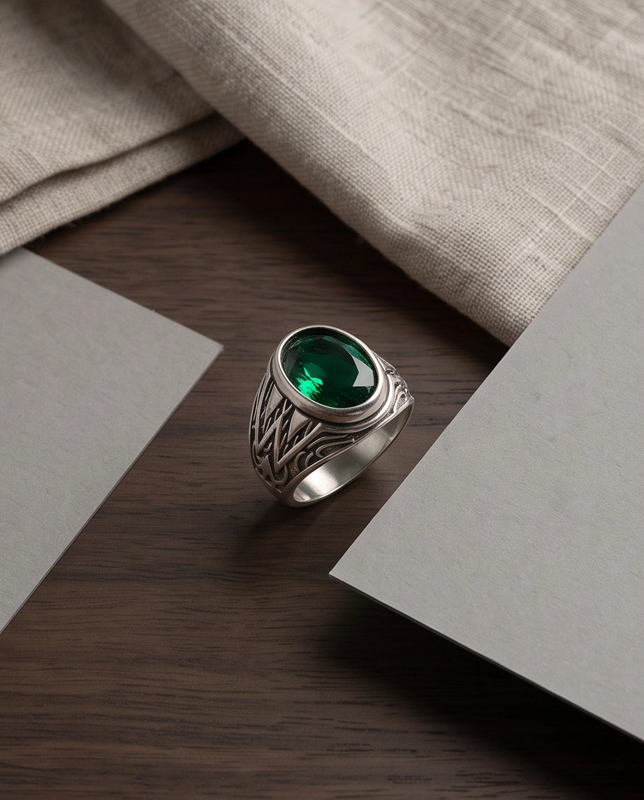 Emerald Gemstone Smooth Bezel Tribal Wing Silver Ring