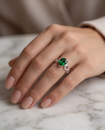 Emerald Gemstone Prong-Set Teardrop Loop Silver Ring