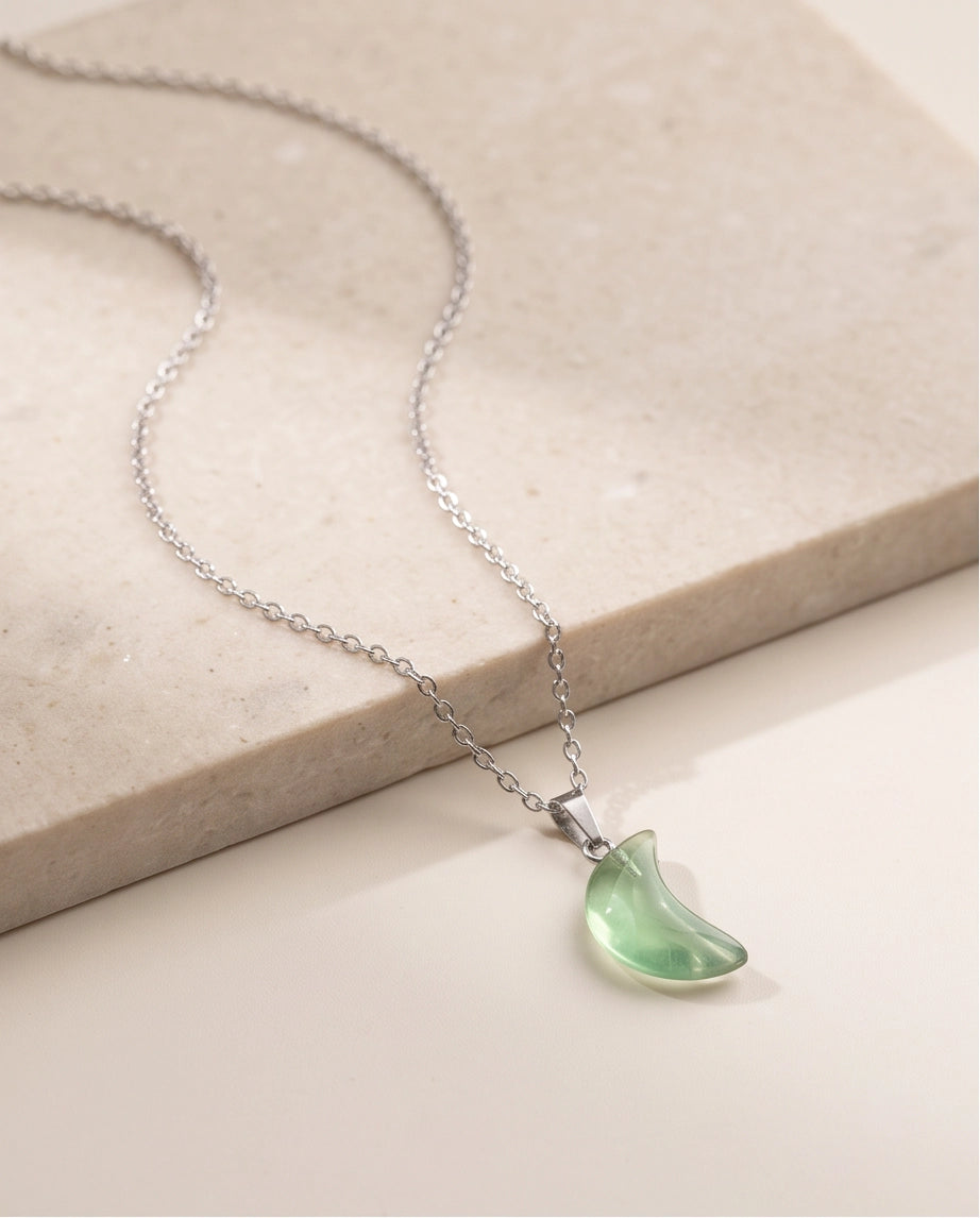 Silver Fluorite Light Green Crescent Moon Pendant Necklace