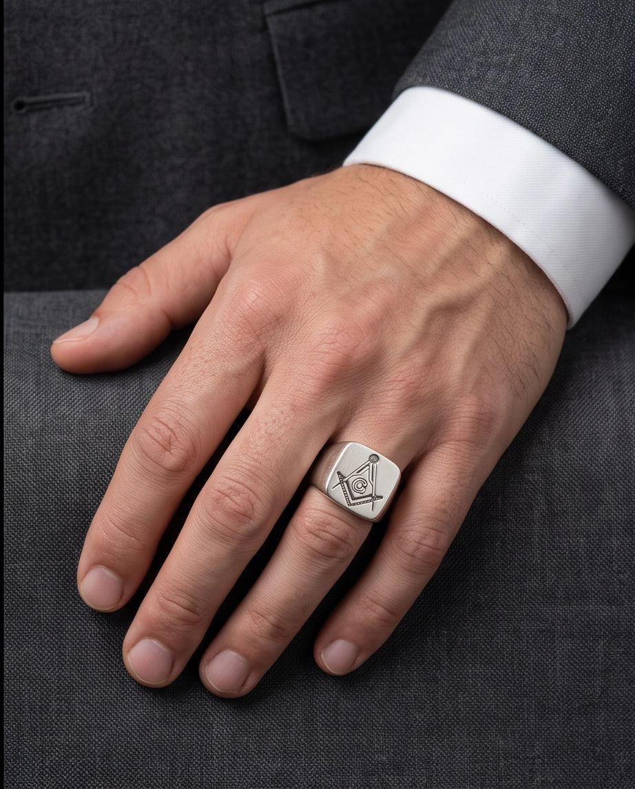 Masonic Square and Compasses Signet Silver Ring