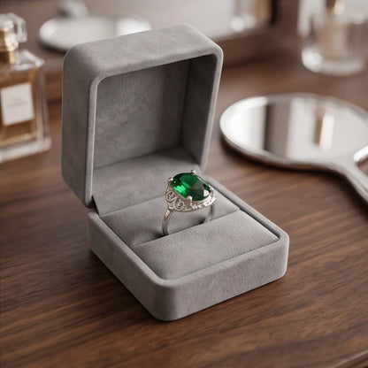 Silver Oval Emerald Gemstone Filigree Solitaire Ring