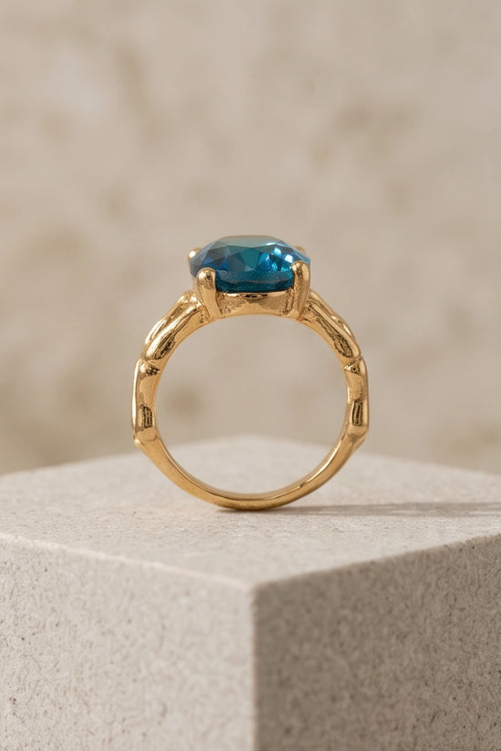 Gold Plated Aqua Blue Topaz Bamboo Leaf Ring