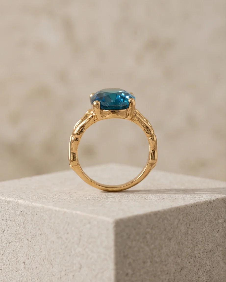 Gold Plated Aqua Blue Topaz Bamboo Leaf Ring