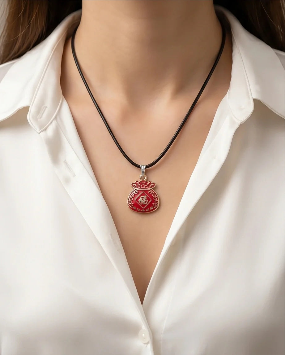 Traditional Red "Fu" Lucky Money Bag Pendant Necklace