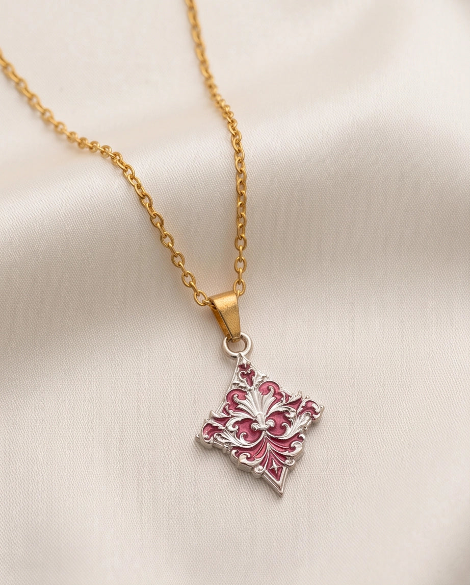 Silver Red Enamel Filigree Diamond Pendant Necklace
