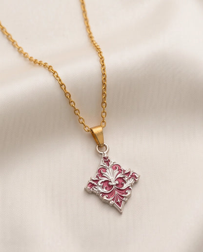 Silver Red Enamel Filigree Diamond Pendant Necklace
