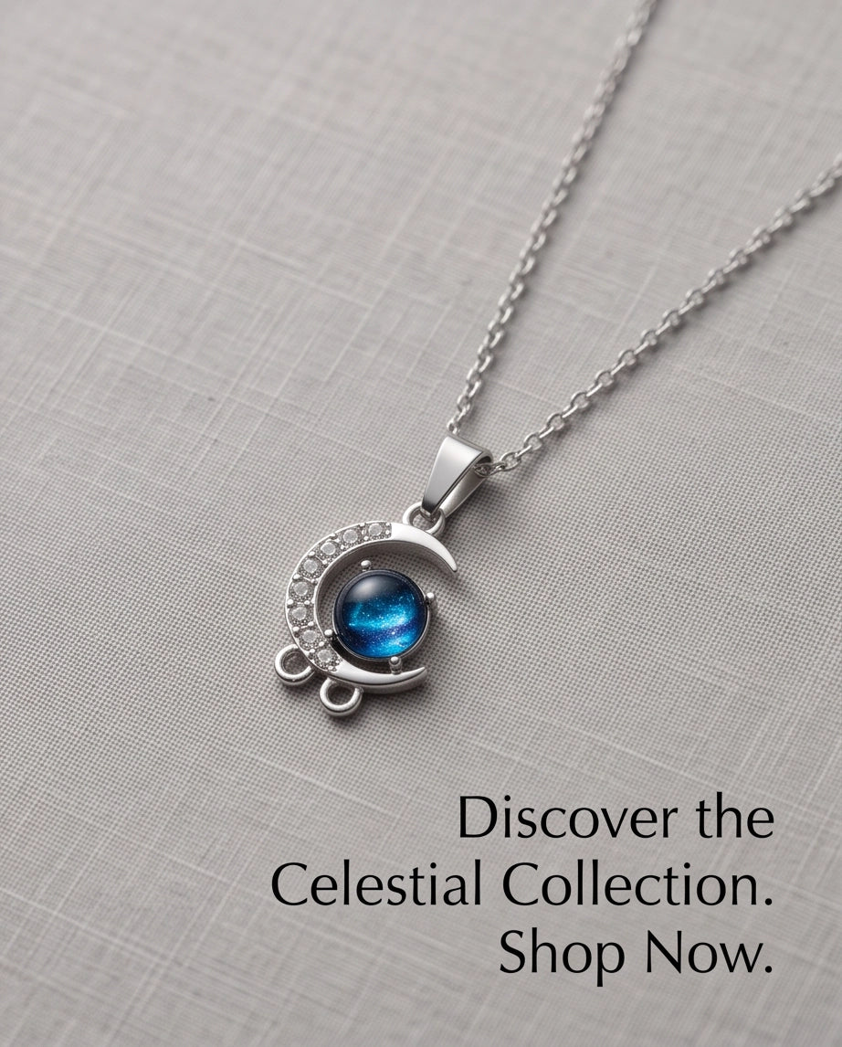 Silver Crystal Crescent Moon & Cosmic Blue Stone Pendant Necklace