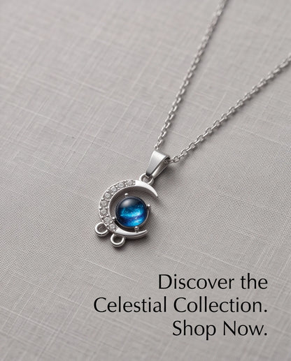 Silver Crystal Crescent Moon & Cosmic Blue Stone Pendant Necklace