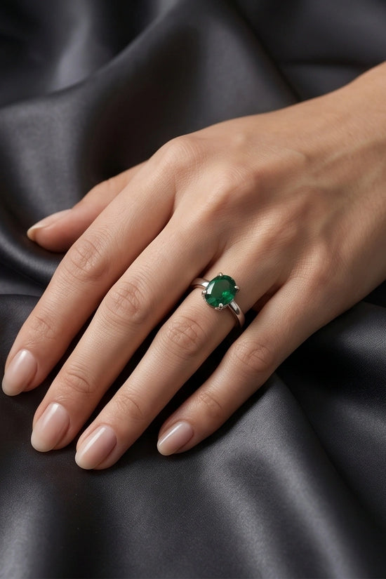 Sterling Silver Oval-Cut Green Emerald Solitaire Ring