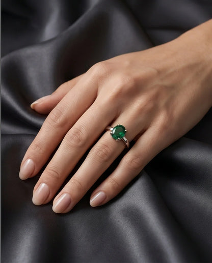 Sterling Silver Oval-Cut Green Emerald Solitaire Ring