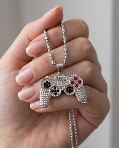 Silver Rhinestone Gamepad Controller Pendant Necklace