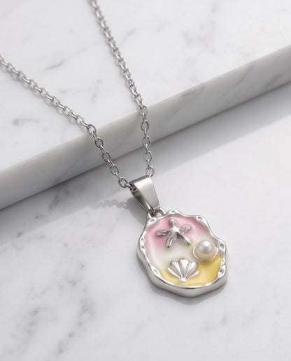 Silver Seashell Starfish Pearl Enamel Medallion Chain Necklace