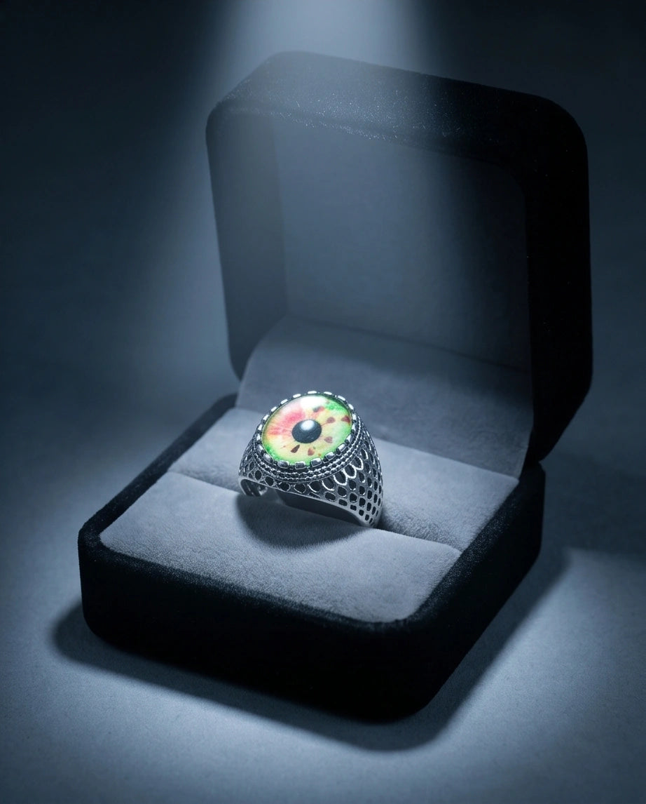 Vintage Sterling Silver Gothic Crimson-Green Beast Eye Ring