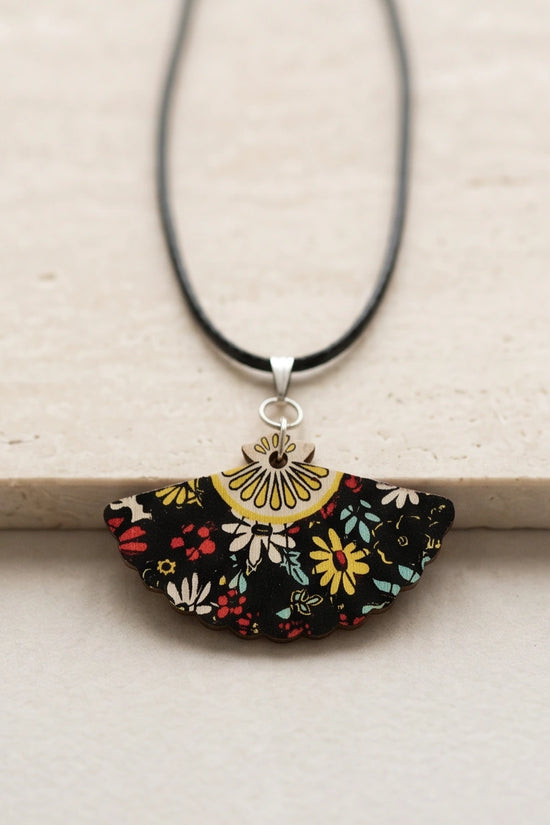 Vintage Black Botanical Hand-Fan Pendant Necklace