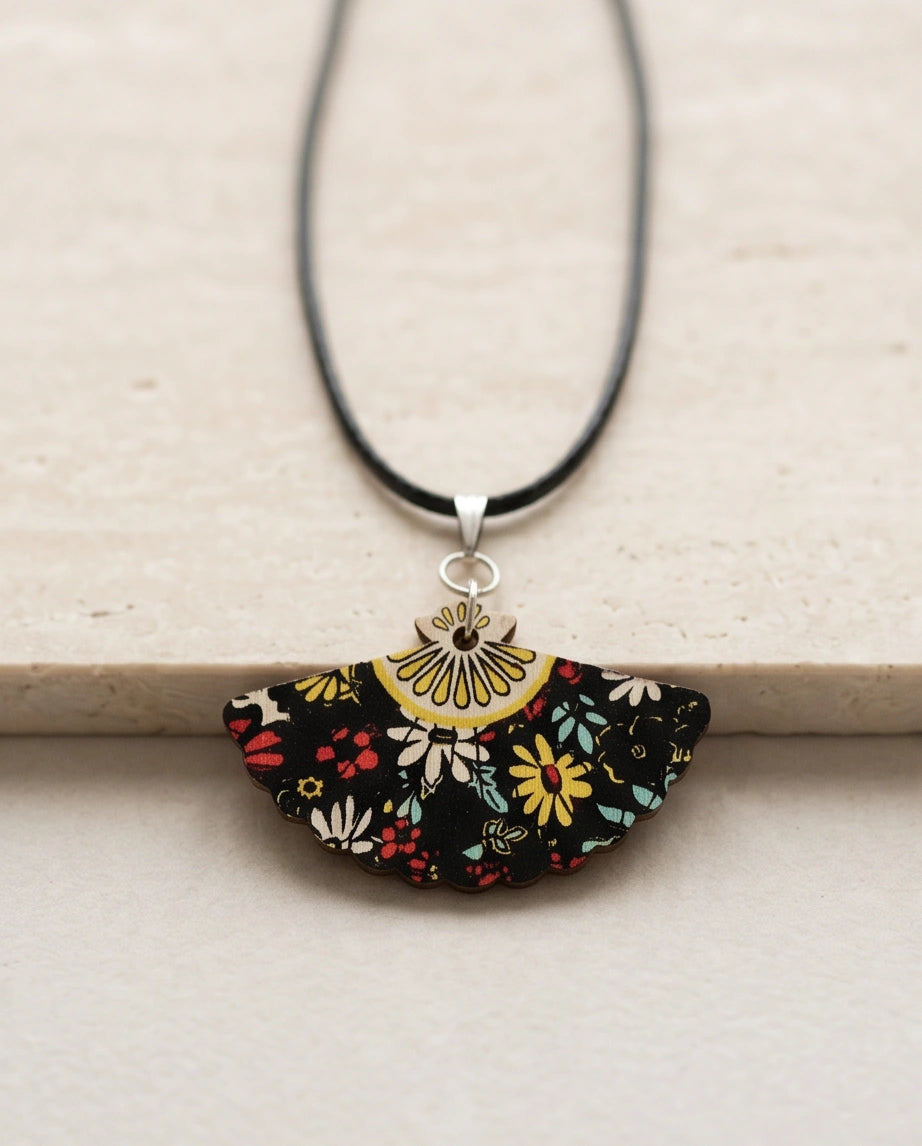 Vintage Black Botanical Hand-Fan Pendant Necklace