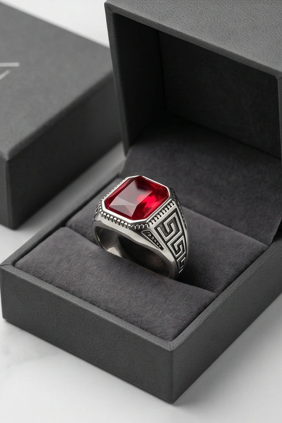 Vintage Greek Key Ruby Red Gemstone Ring