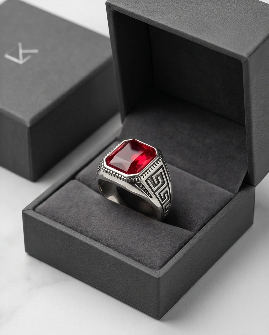 Vintage Greek Key Ruby Red Gemstone Ring