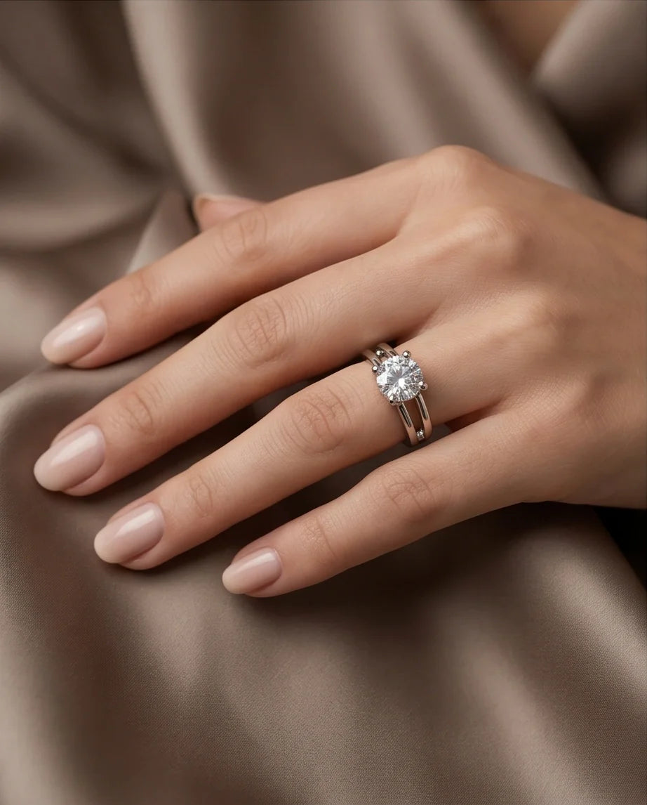 Sterling Silver Round-Cut Split Shank Moissanite Solitaire Ring