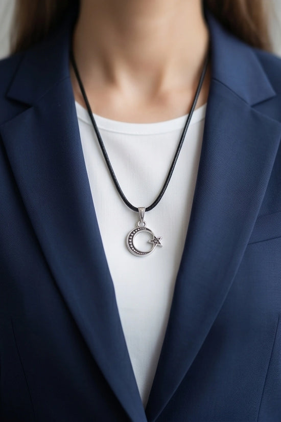 The Celestial Path: Matte Silver Crescent Moon & Star Pendant Necklace