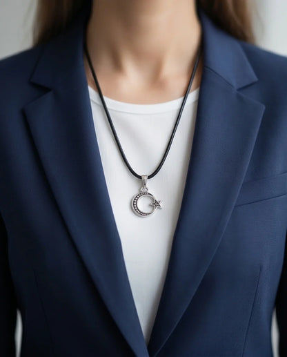The Celestial Path: Matte Silver Crescent Moon & Star Pendant Necklace