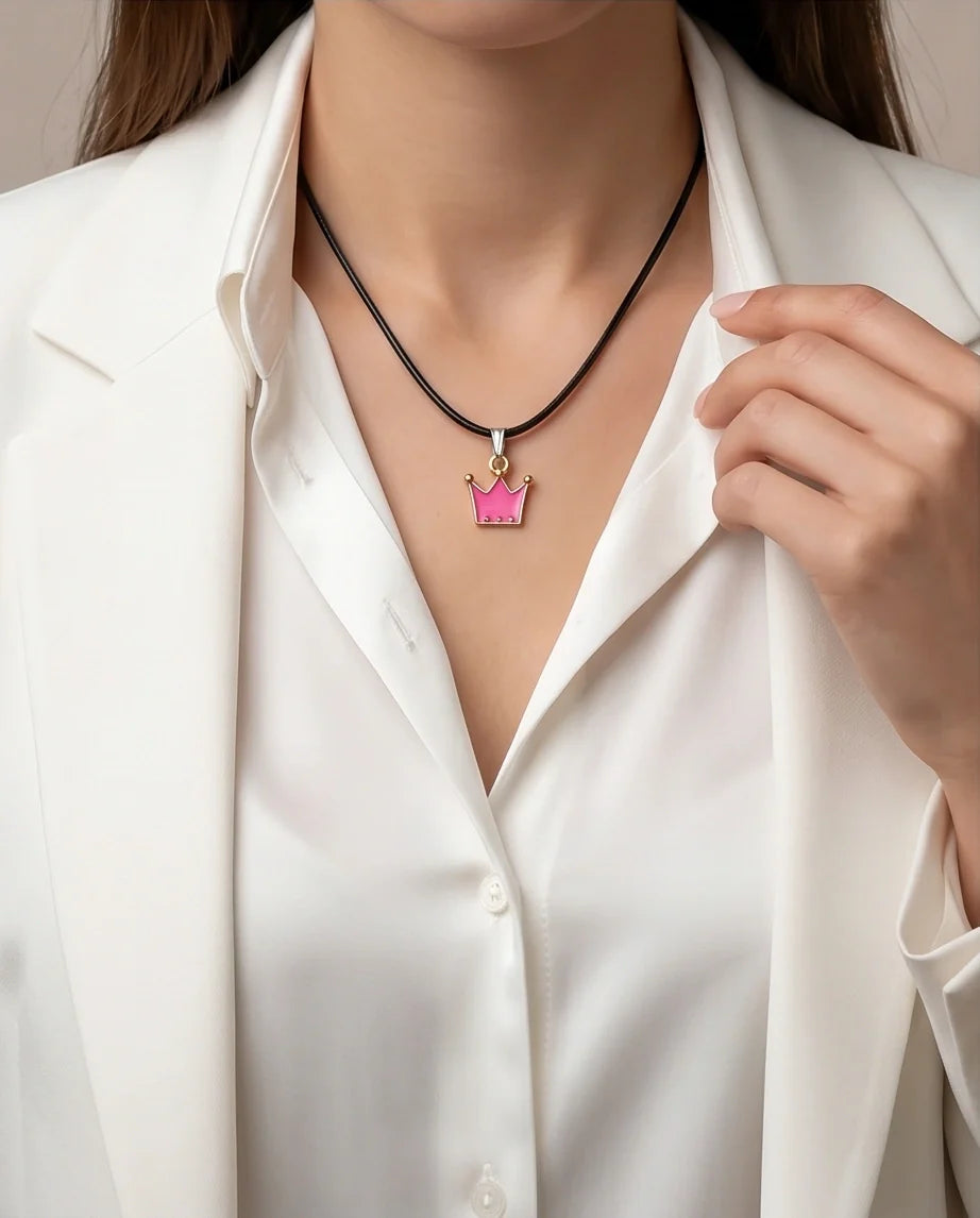 Gold and Pink Crown Pendant Necklace