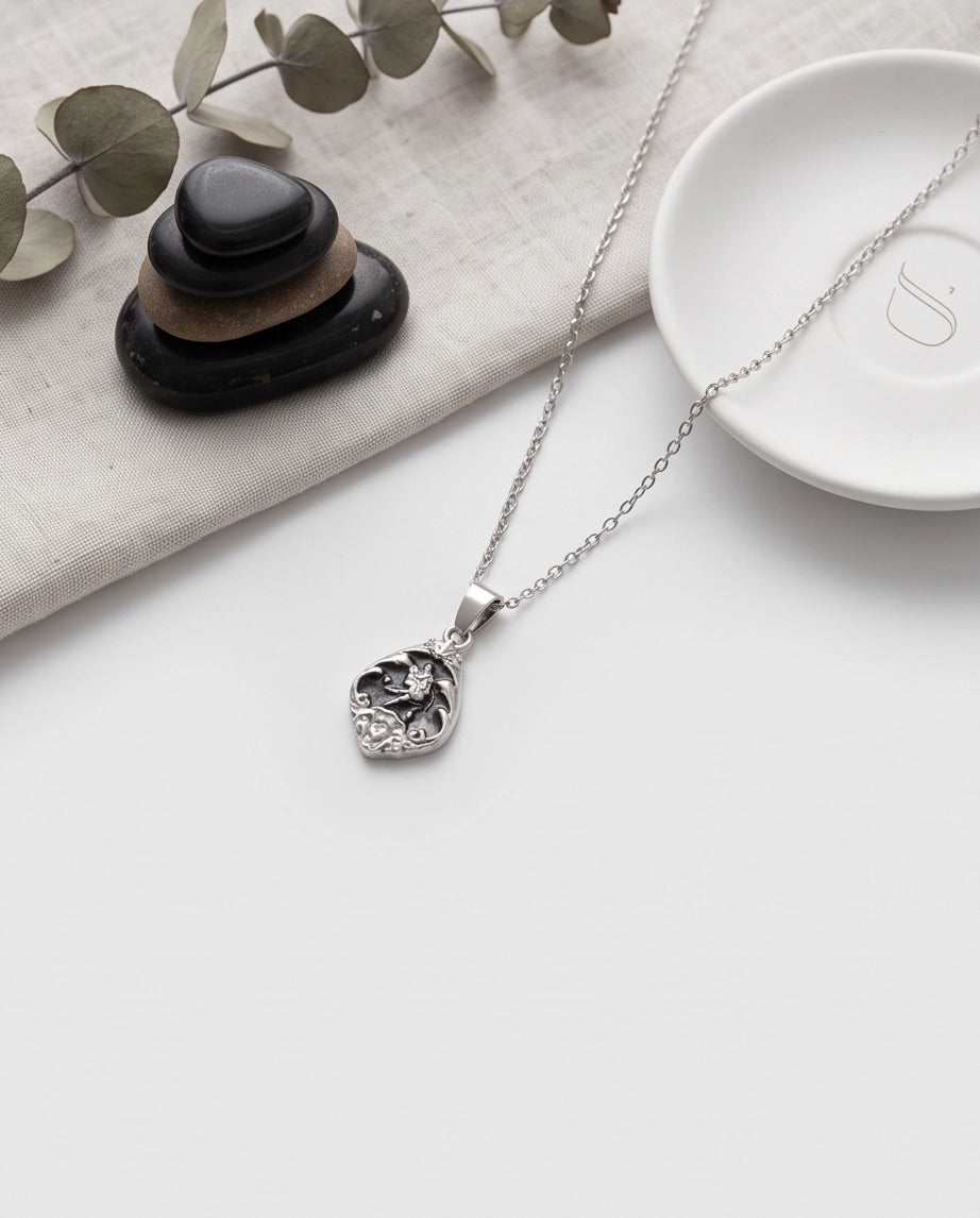 Silver Vintage Cherub Black Enamel Teardrop Pendant Necklace