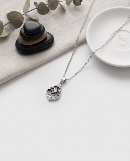 Silver Vintage Cherub Black Enamel Teardrop Pendant Necklace
