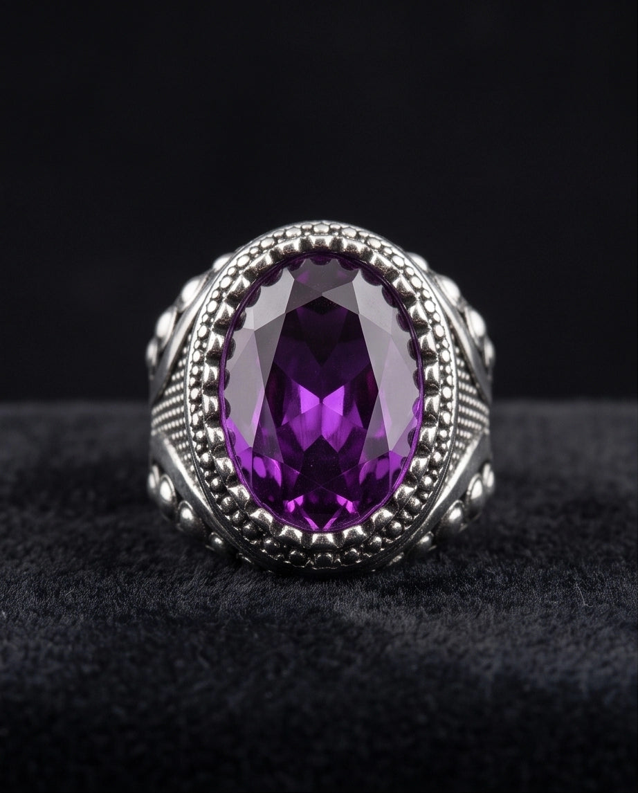 Amethyst Gemstone Beaded Bezel Filigree Silver Ring