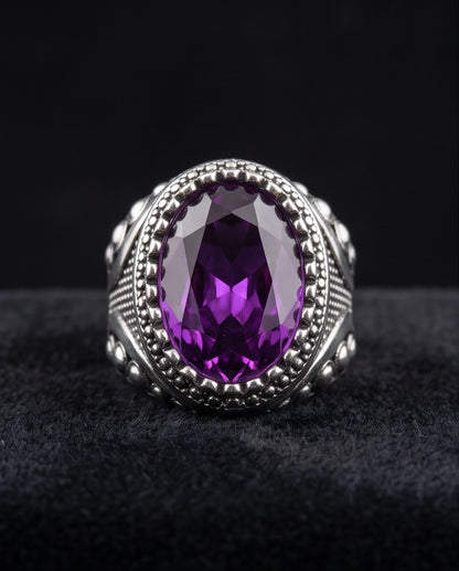 Amethyst Gemstone Beaded Bezel Filigree Silver Ring