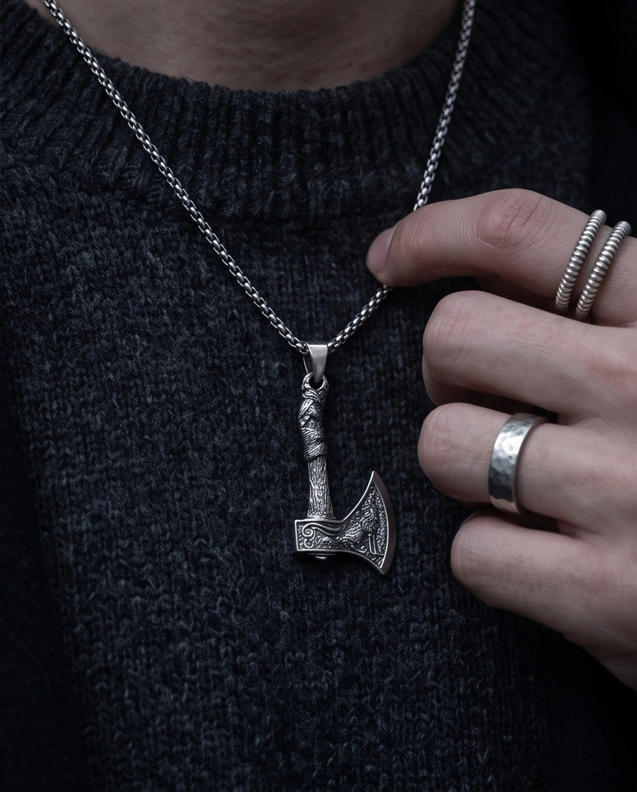 Silver Viking Axe Wolf Pendant Necklace