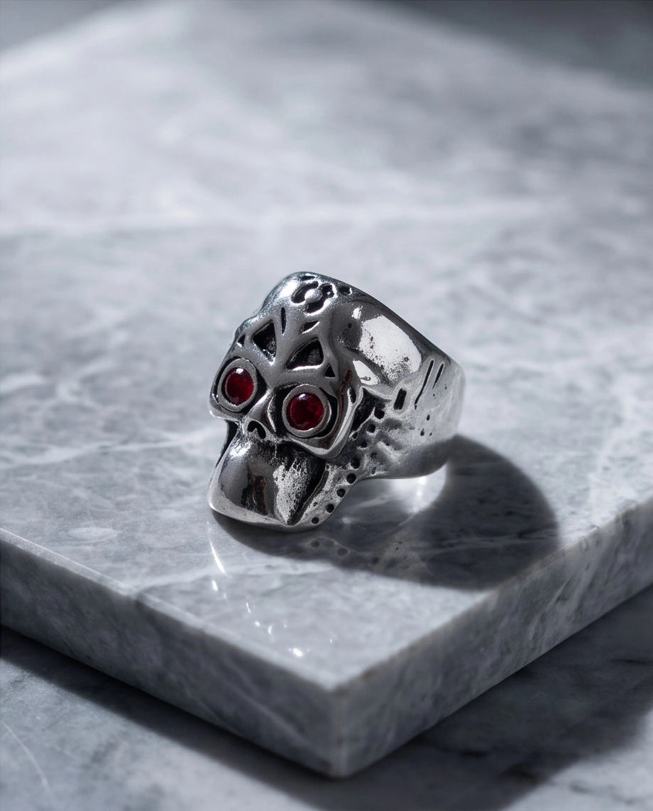 Ruby-Eyed Mechanical Mask Skull Ring