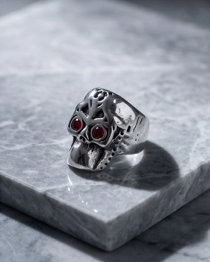 Ruby-Eyed Mechanical Mask Skull Ring