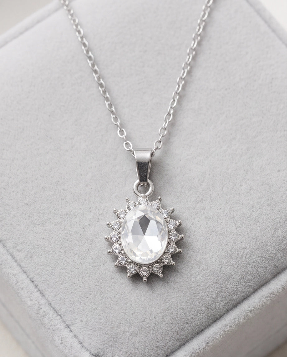 Silver Crystal Oval Halo Medallion Pendant Necklace