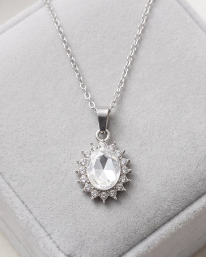 Silver Crystal Oval Halo Medallion Pendant Necklace