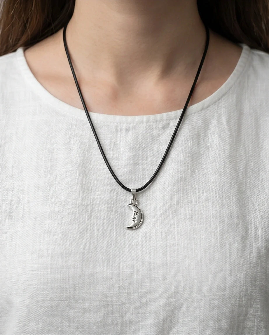 Silver Vintage Crescent Moon Face Necklace