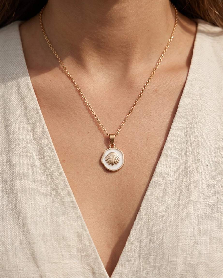 Gold White Enamel Seashell Medallion Pendant Necklace