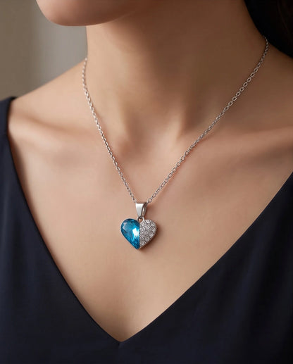 Silver Aquamarine Heart Pavé Pendant Necklace