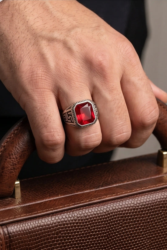 Vintage Greek Key Ruby Red Gemstone Ring