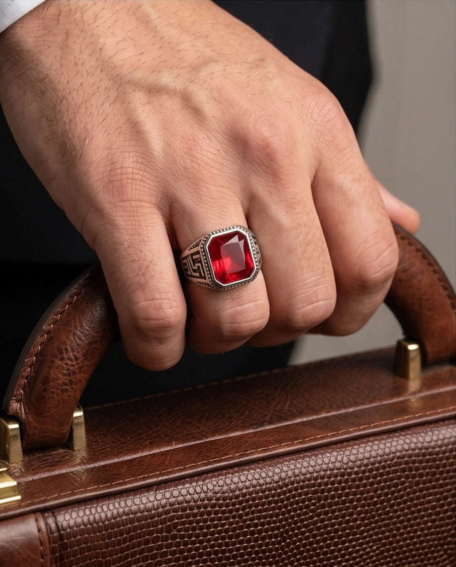 Vintage Greek Key Ruby Red Gemstone Ring