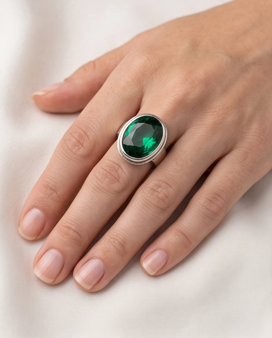 Emerald Gemstone Double Oval Bezel Minimalist Silver Ring