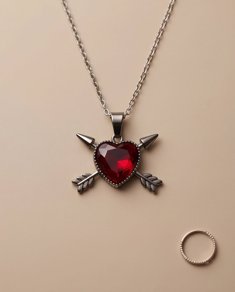 Silver Crossed Arrows Red Heart Gem Pendant Necklace