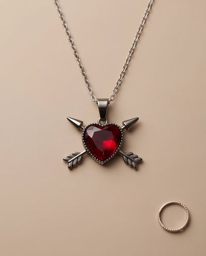 Silver Crossed Arrows Red Heart Gem Pendant Necklace