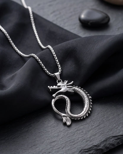 Silver Coiled Ouroboros Dragon Pendant Necklace